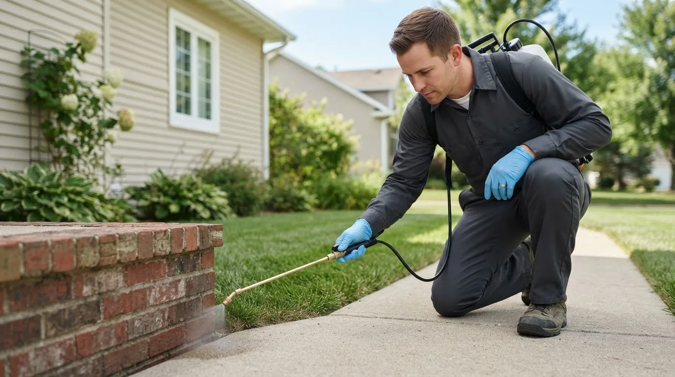 Pest control technician treating a home near Doon, IA