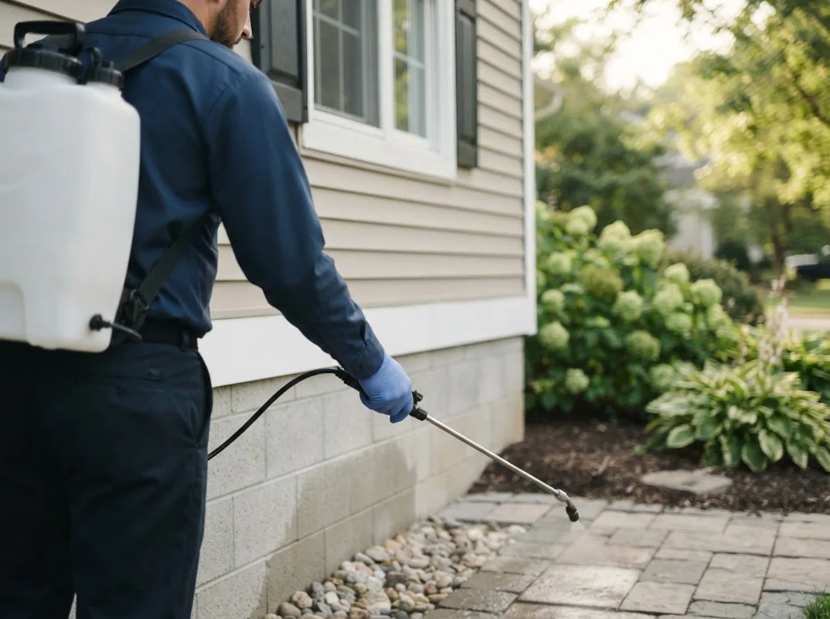 Pest control technician inspecting a home in Doon, IA